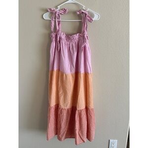Entro Girls Gingham Tiered Midi Dress Pink Orange Red Tie Shoulder Size Large